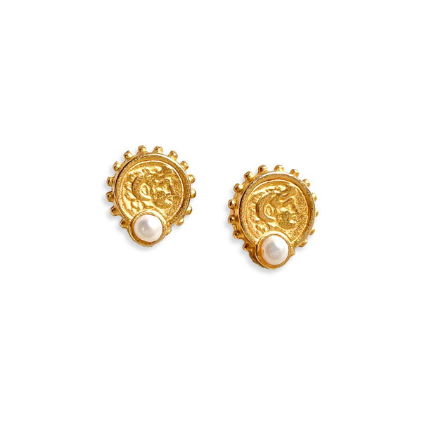 Alexander the Great coin pearl stud earrings - Gather Brooklyn