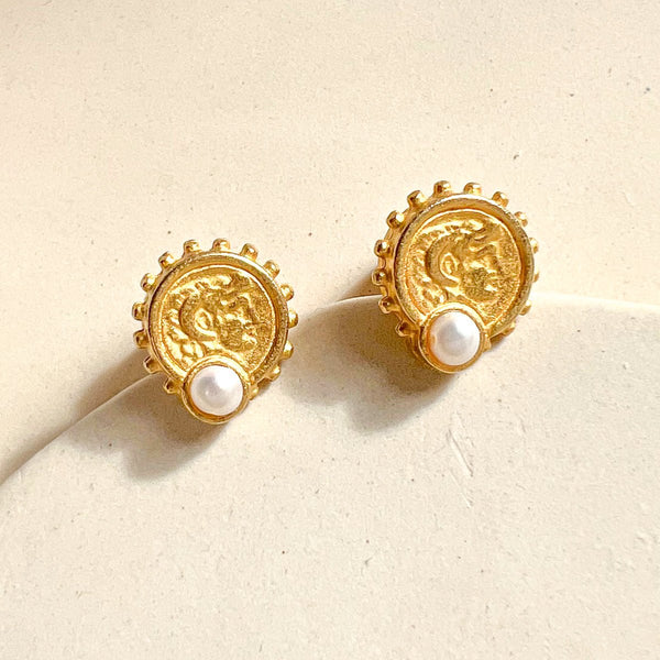 Alexander the Great coin pearl stud earrings - Gather Brooklyn