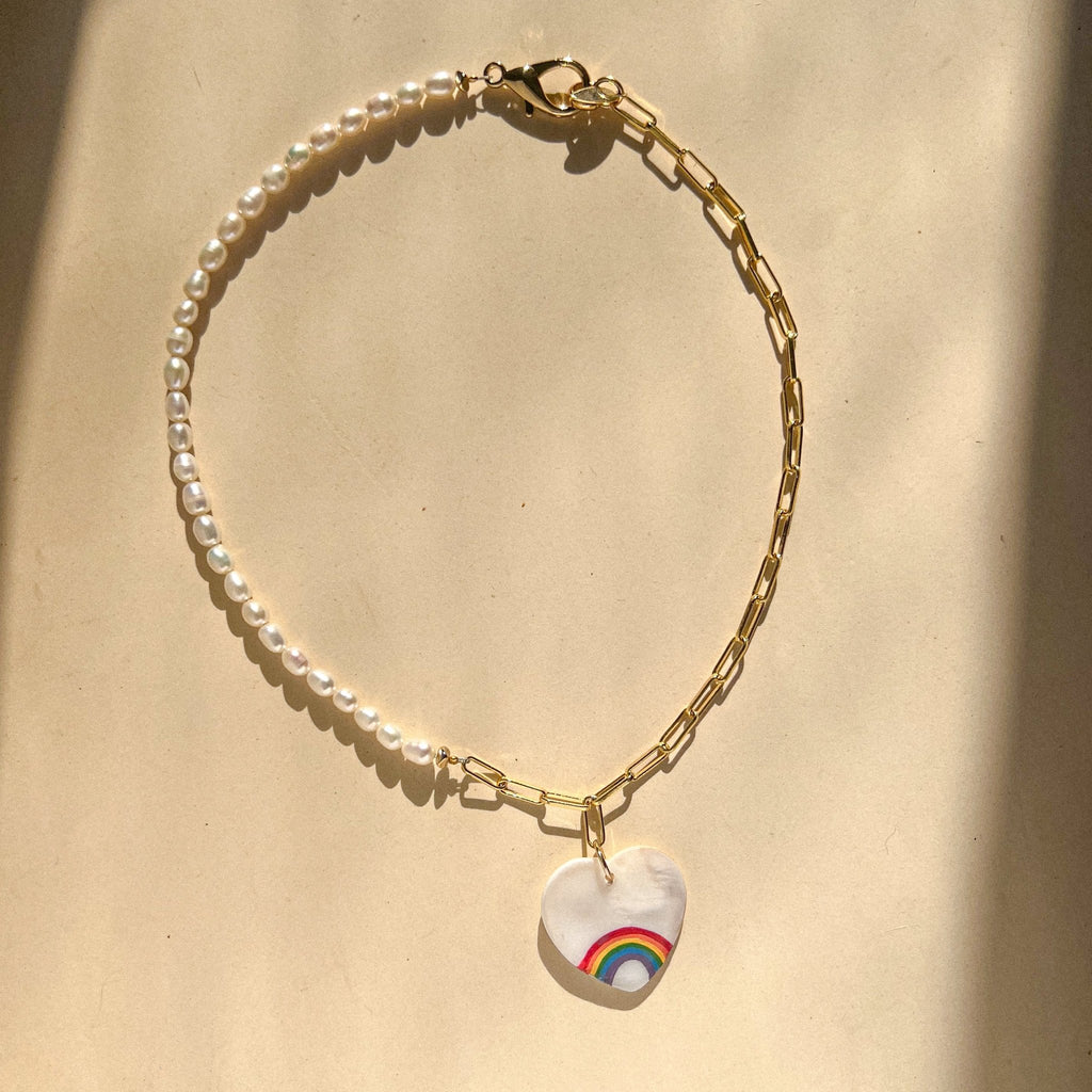 Rainbow Heart & Half Pearl Chain Necklace - Gather Brooklyn